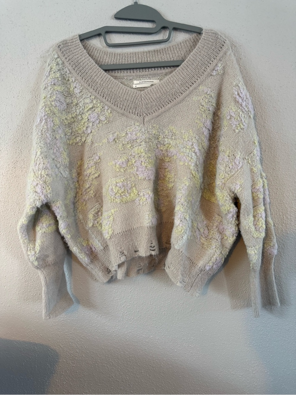Anthropologie Textured V-Neck Sweater in Cream with Pastel Accents